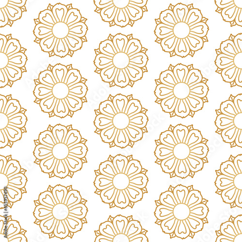 Vector geometrical seamless pattern of gold floral rosette on a white background
