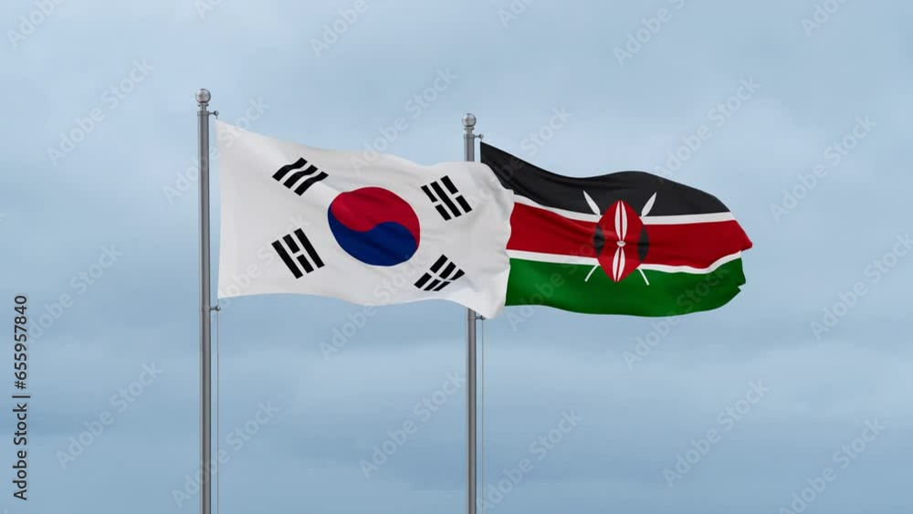 Kenya flag and South Korea flag waving together on cloudy sky, endless seamless loop, two country relations concept Kenya flag and South Korea flag waving together on cloudy sky, endless seamless loop, two country relations concept