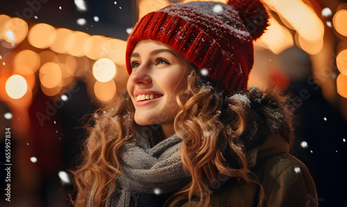 Young woman enjoying Christmas fest, winter season, snowy weather - Generative AI