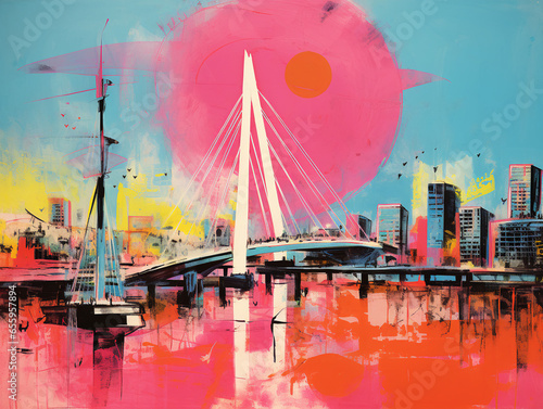 Modern cityscape of Rotterdam, Netherlands. Abstract colorful painting.