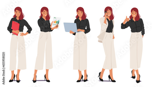 Business Woman Standing In Different Poses. Female Character In Smart Wear Holding Clipboard And Laptop, Showing Charts