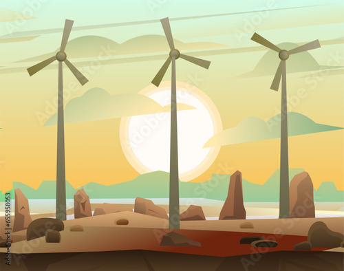 Wind generator. Clean renewable energy. Landscape with windmills. Sunrise over desert and rocks landscape. Cartoon fun style. Flat design. Vector.