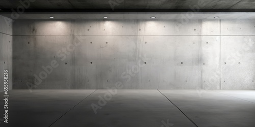 Abstract empty, modern concrete room with indirect lighting from right with recessed second room and rough floor - industrial interior background, Generative AI