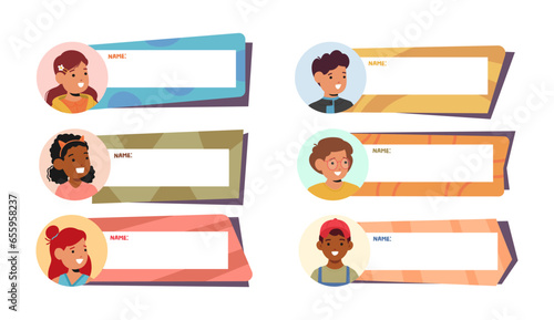 Colorful, Personalized Name Plates For Kids. Vibrant Designs, Fun Fonts, And Space For Names Cartoon Vector Illustration