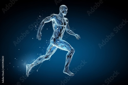 Human body shape of a running man filled with blue water on blue gradient background - sport or fitness hydration, healthy lifestyle or wellness, Generative AI