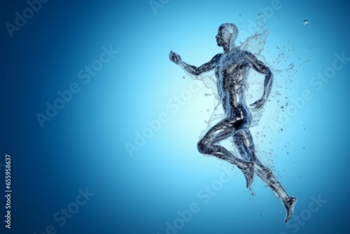 Human body shape of a running man filled with blue water on blue gradient background - sport or fitness hydration, healthy lifestyle or wellness, Generative AI photo