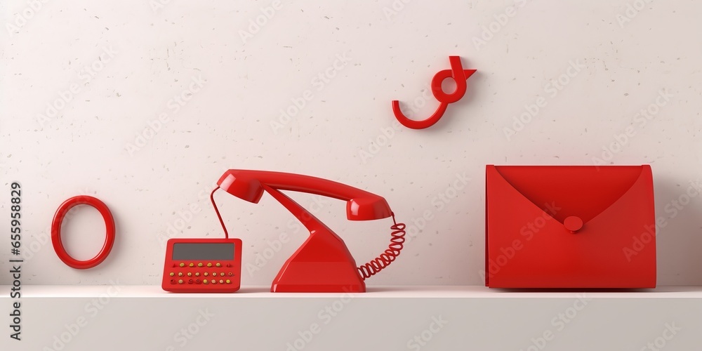 Red telephone, envelope letter and e-mail symbols leaning against wall ...