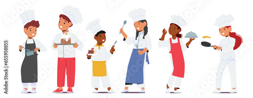 Young Aspiring Children Chefs Explore Culinary Delights, Wielding Spatulas And Aprons. Kids Characters in Culinary
