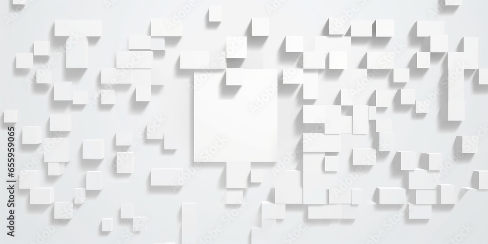 Circular fading out random scaled square rectangle shapes on white background wallpaper banner pattern, Generative AI