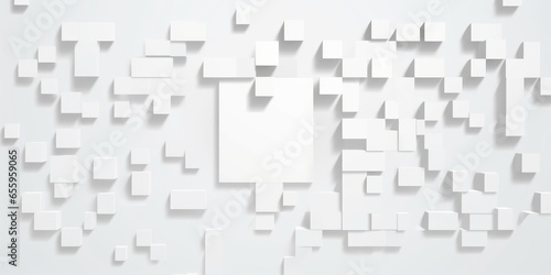 Circular fading out random scaled square rectangle shapes on white background wallpaper banner pattern, Generative AI