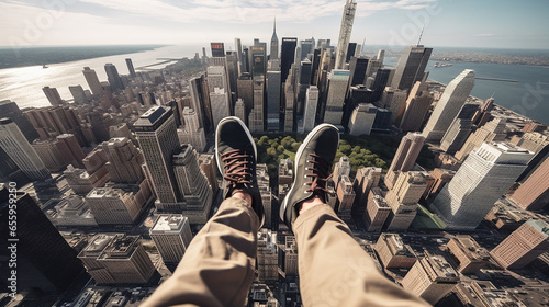 Young man swinging his feet out of a helicopter above Manhattan cityscape  photo