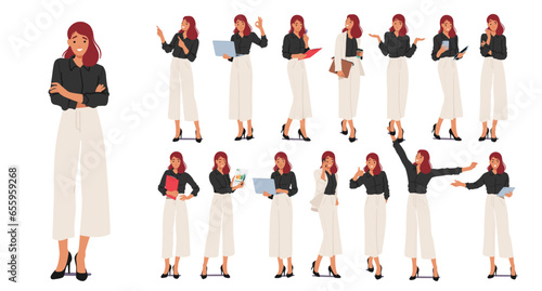 Businesswoman Character Poses Set Featuring Confident Stances, Woman Professional Gestures, And Dynamic Postures
