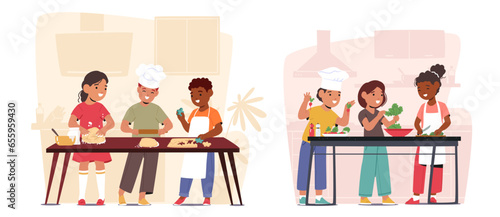 Young Chefs Kids Cooking Together, Little Boys And Girls Whipping Up Delicious Dishes, And Learning Culinary Skills