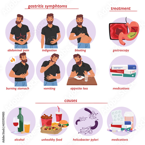 Gastritis Symptoms, Treatment and Causes Infographics with Diseased Adult Male Character having Abdominal Pain