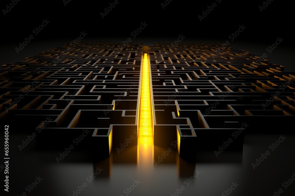 Yellow glowing path thru black maze or labyrinth over black background, success, strategy or solution concept, Generative AI