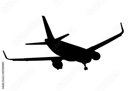 Commercial plane flying back view isolated silhouette