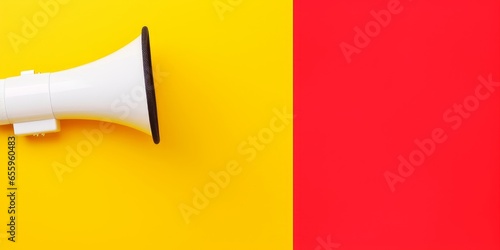 White and red megaphone or bullhorn with white lines over yellow background, business announcement or communication concept, flat lay top view from, Generative AI © Colorful Graphics