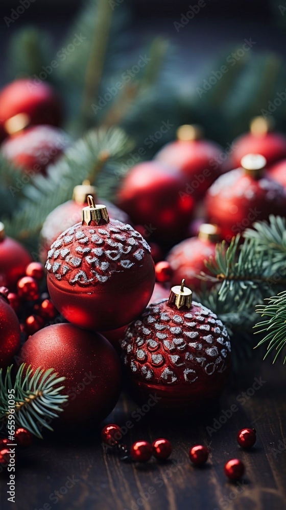 Close up Christmas balls decoration on dark background. AI generated