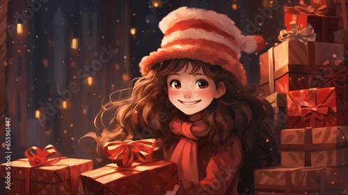 Happy little cute child girl in red clothes with Christmas gift, cartoon illustration style, AI generated