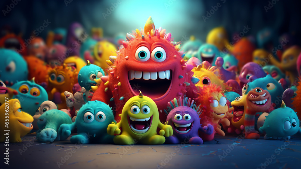 CHRISTMAS CARD WITH FUNNY MONSTERS. CHILDREN'S ILLUSTRATION WITH POSITIVE MONSTERS FOR YOUR DESIGN. AI generated