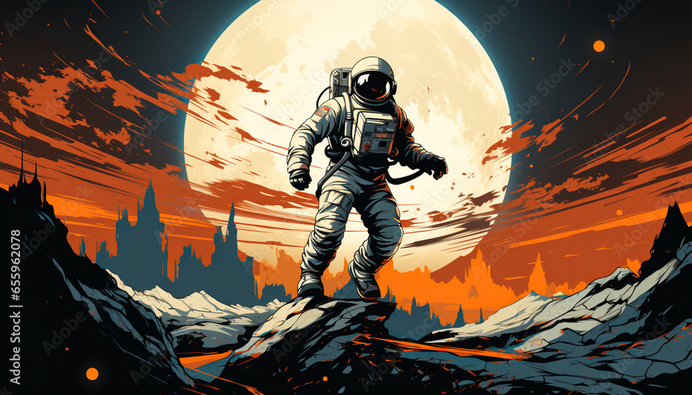 Fototapeta premium Dancing astronaut on the background of the moon