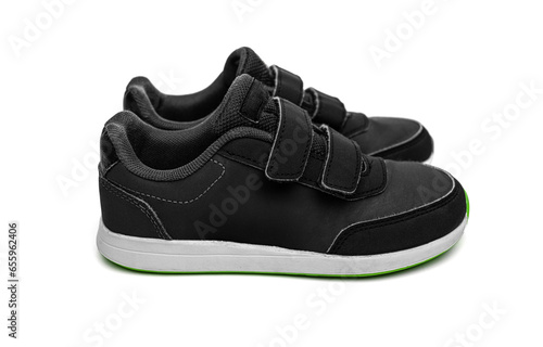 Black sports shoes on a white background.
