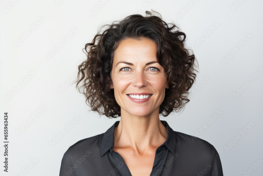 femme brune de 50 ans cheveux court frisés souriante sur fond blanc - obrazy, fototapety, plakaty 