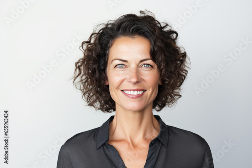 femme brune de 50 ans cheveux court frisés souriante sur fond blanc