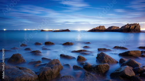 littoral rocheux à la lueur des derniers rayons du soleil, heure bleu, pose longue © Sébastien Jouve