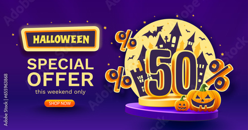 50 percents off. Halloween sale banner template. Podium and numbers with amount of discount. Special October offer. Vector illustration.