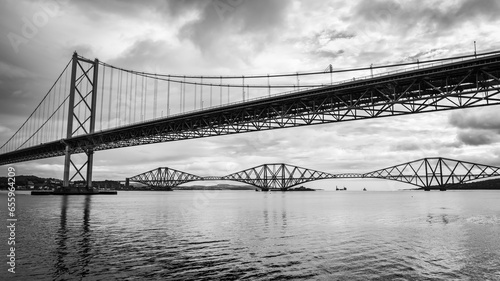 View of the three bridges connecting the city of Edinburgh on the Firth of Forth, UK.