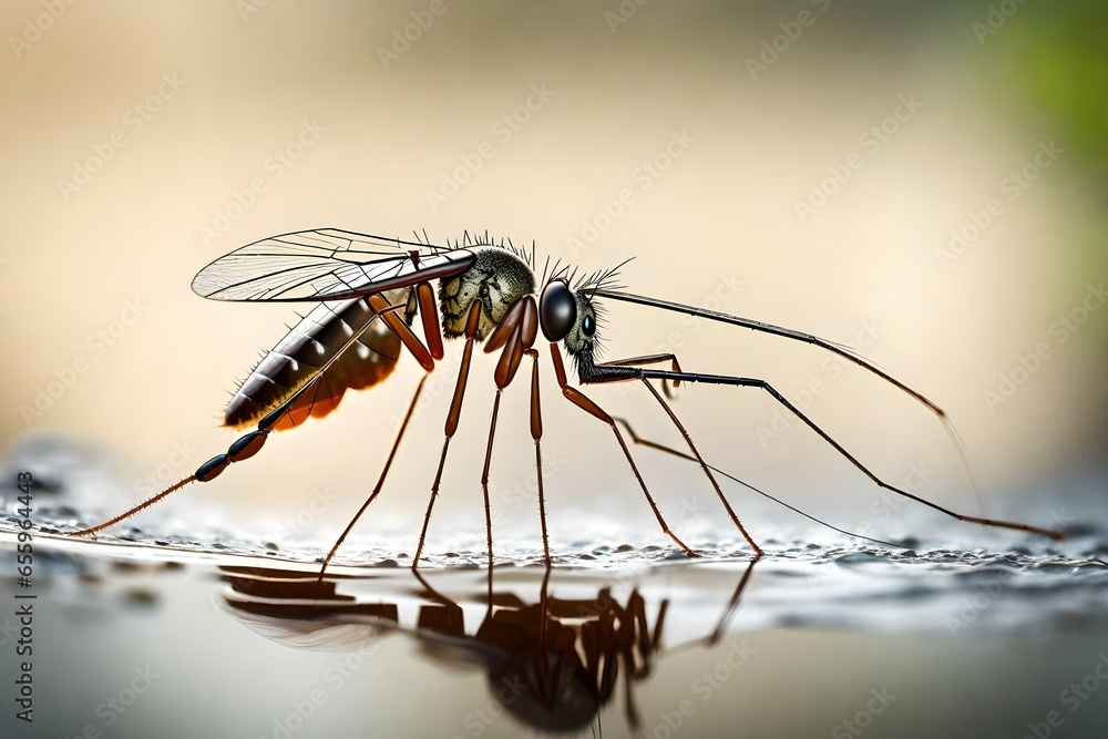 Close-up of a mosquito near a water source.