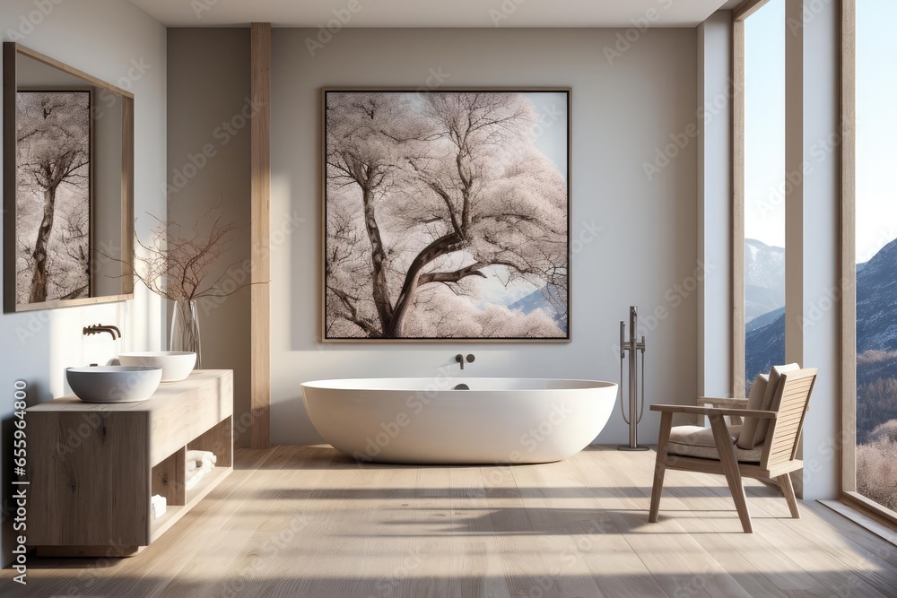 cozy bathroom with light natural materials with modern art on the walls cozy bathroom with light natural materials with modern art on the walls