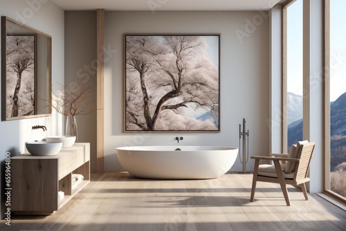 cozy bathroom with light natural materials with modern art on the walls