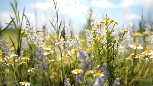Closeup of wild grass and flowers on white background