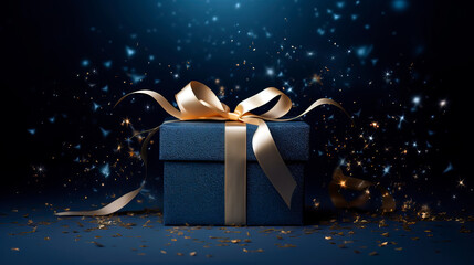 Dark blue gift box with elegant gold ribbon on dark background. Greeting gift with copy space for Christmas present, holiday or birthday
