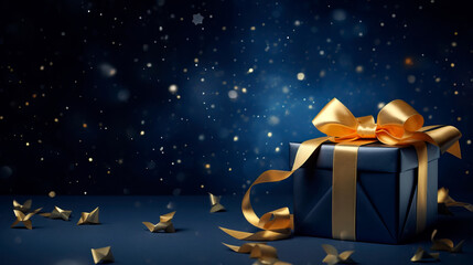 Dark blue gift box with elegant gold ribbon on dark background. Greeting gift with copy space for Christmas present, holiday or birthday