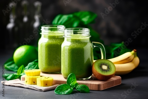 green health smoothie with kale leaves, lime, apple, kiwi, grapes, banana, avocado, lettuce in glass jar mugs