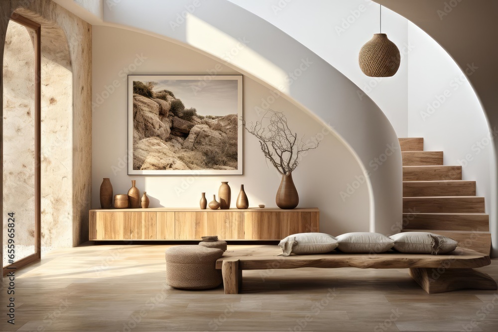 cozy boho entrance hall with light natural materials with modern art on ...