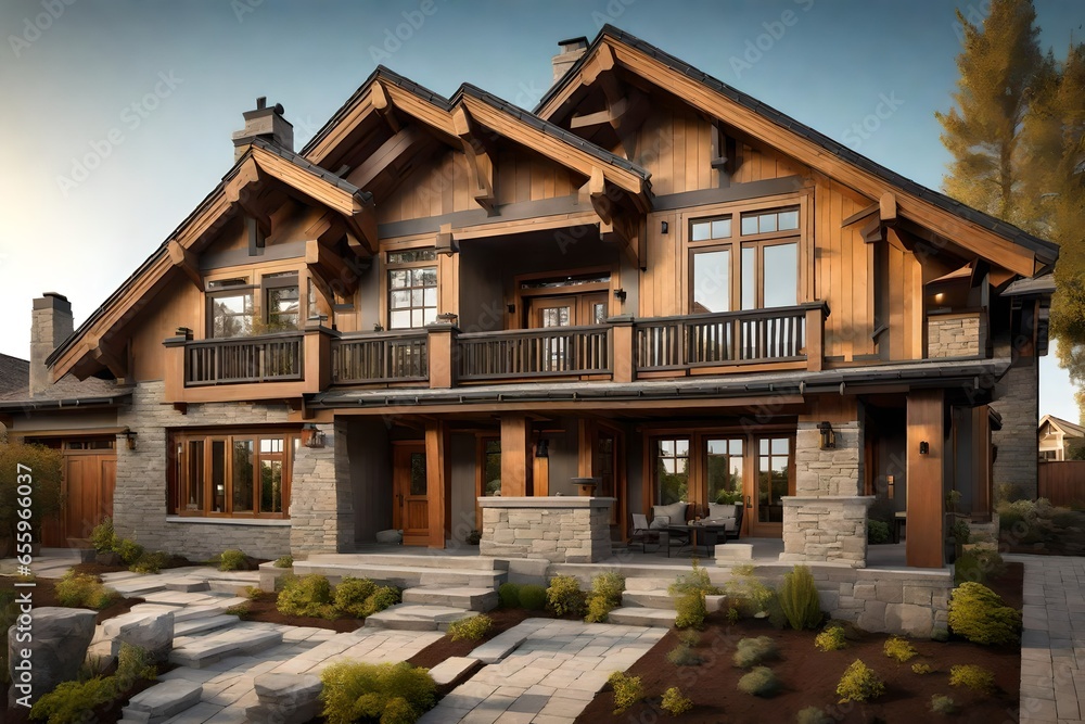 Fototapeta premium House with a craftsman-style exterior and wooden beams