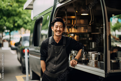Wallpaper Mural A man smiling in food truck cafe small business owner concept Torontodigital.ca