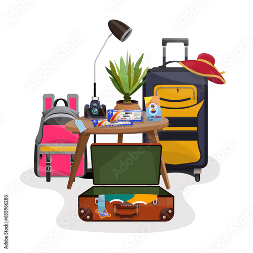 Vector illustration of packing suitcases and backpacks at home or hotel. Baggage with accessories.