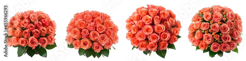 Large flower arrangement or bouquet with many coral roses isolated on transparent background generative ai