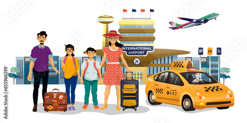 Family, father, mother and their children, brother and sister arrived to the airport on a taxi.