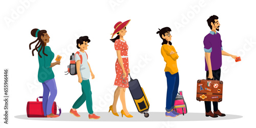 Vector cartoon illustration of queue in airport or railway station. Family concept.