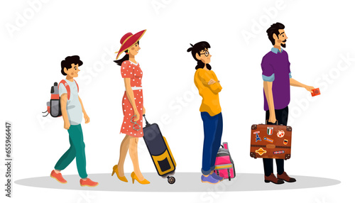 Vector cartoon illustration of queue in airport or railway station. Family concept.