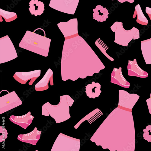 Barbicore seamless pattern on a black background. Pink clothing and accessories, 2000s fashion
