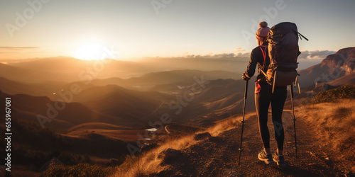 young healthy woman with trekking pole and backpack doing trekking smiling on top of beautiful mountain with beuatiful sunset scence,sunrise scence.