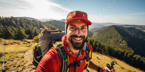 young healthy man doing trekking smiling on top of beautiful mountain at golden hour ,sunrise,sunset time.