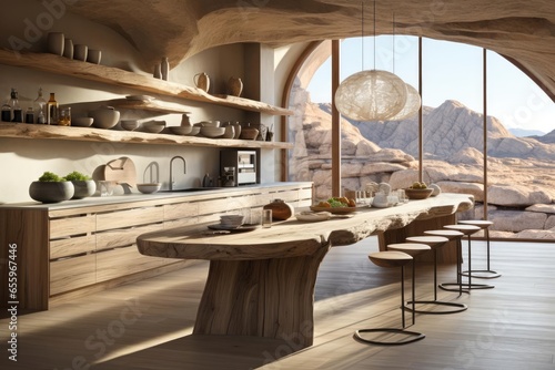 cozy kitchen with light natural materials with modern art on the walls